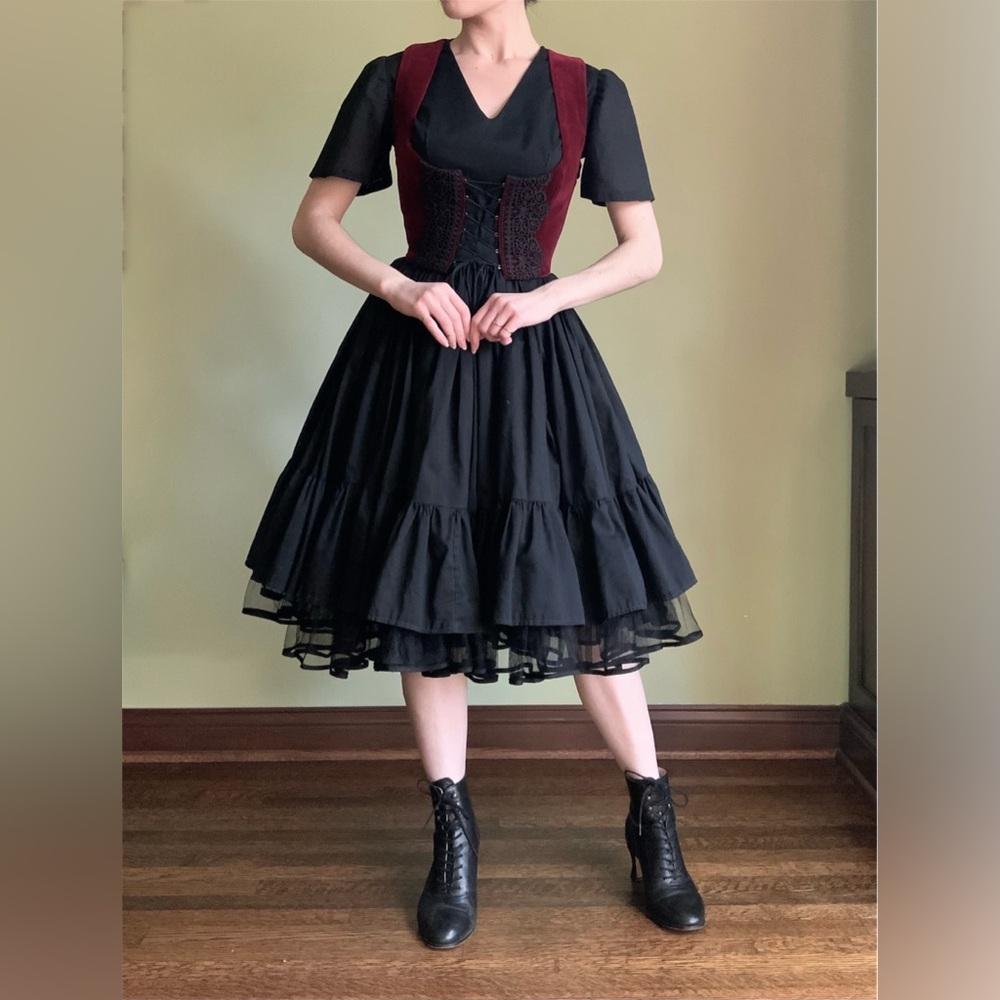 Handmade Cotton Swing Dress, Black Ruffled Fit and Flare Cottagecore Dress - Picture 5 of 10